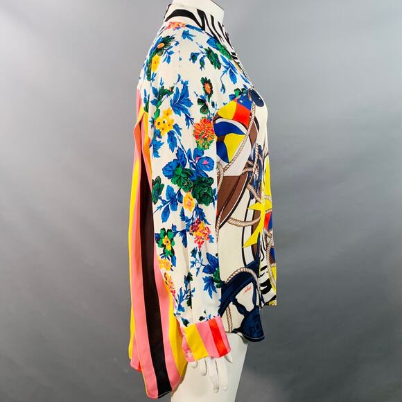 XL White Multi Color Polyester Viscose Floral Nautical Stripe Button Up Shirt - Picture 3 of 10